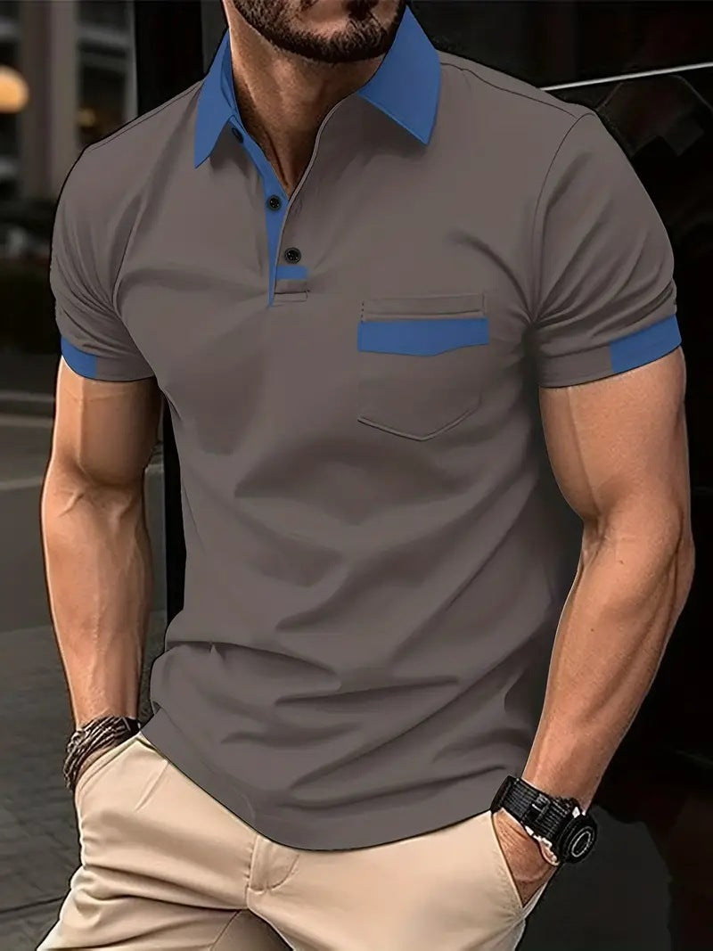 Men T-Shirts- Men's Polo Tee with Contrast Blue Trim Collar - Solid Color Edition- Dark Gray- Chuzko Women Clothing
