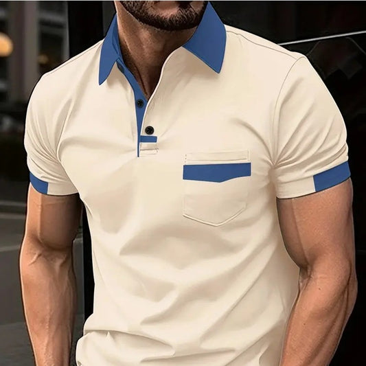Men T-Shirts- Men's Polo Tee with Contrast Blue Trim Collar - Solid Color Edition- - Chuzko Women Clothing