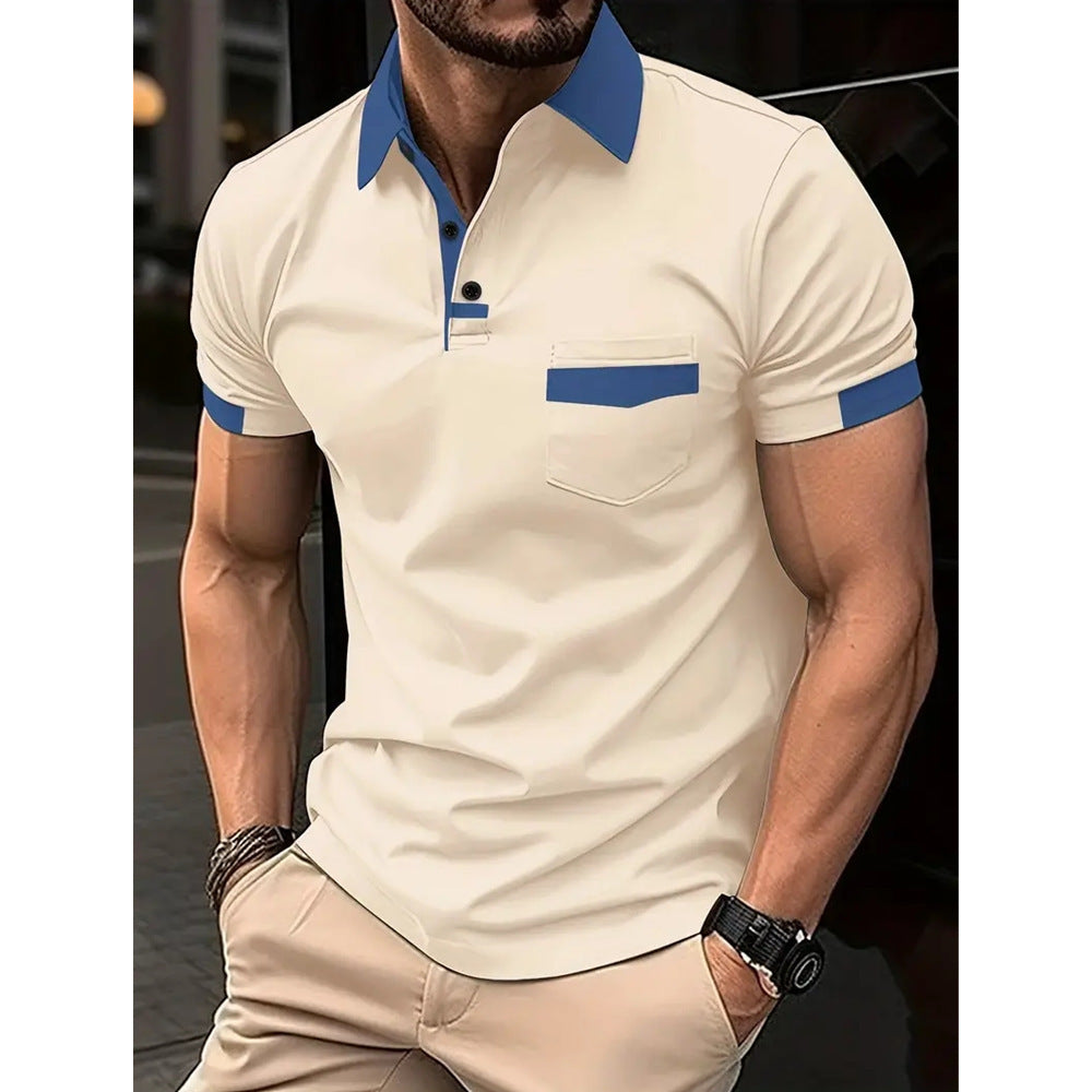 Men T-Shirts- Men's Polo Tee with Contrast Blue Trim Collar - Solid Color Edition- Apricot- Chuzko Women Clothing