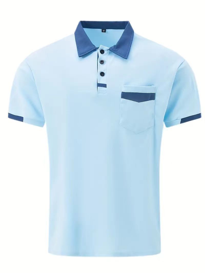 Men T-Shirts- Men's Polo Tee with Contrast Blue Trim Collar - Solid Color Edition- - Chuzko Women Clothing