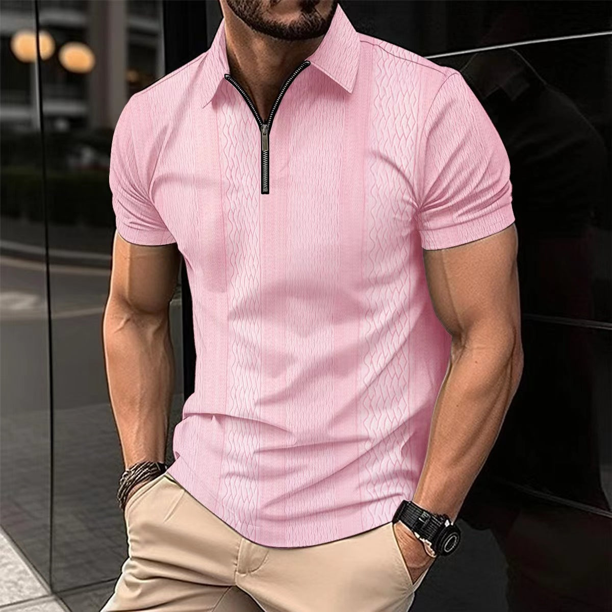 Men Tees- Men's Vertical Chevron Half-Zip Polo Shirt - Casual Elegance for Every Occasion- Pink- Chuzko Women Clothing