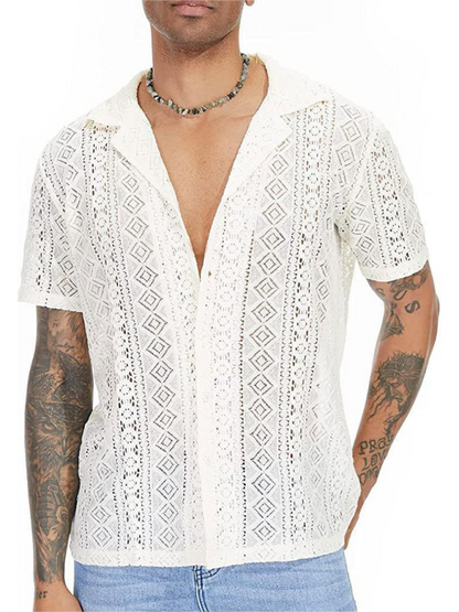 Men Tops- Men's Hollow Knitting Cotton Shirt for Summer- White- Chuzko Women Clothing