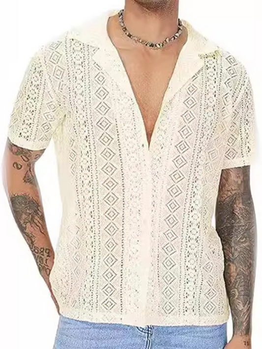 Men Tops- Men's Hollow Knitting Cotton Shirt for Summer- Cracker khaki- Chuzko Women Clothing