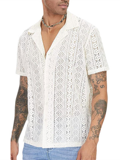 Men Tops- Men's Hollow Knitting Cotton Shirt for Summer- - Chuzko Women Clothing