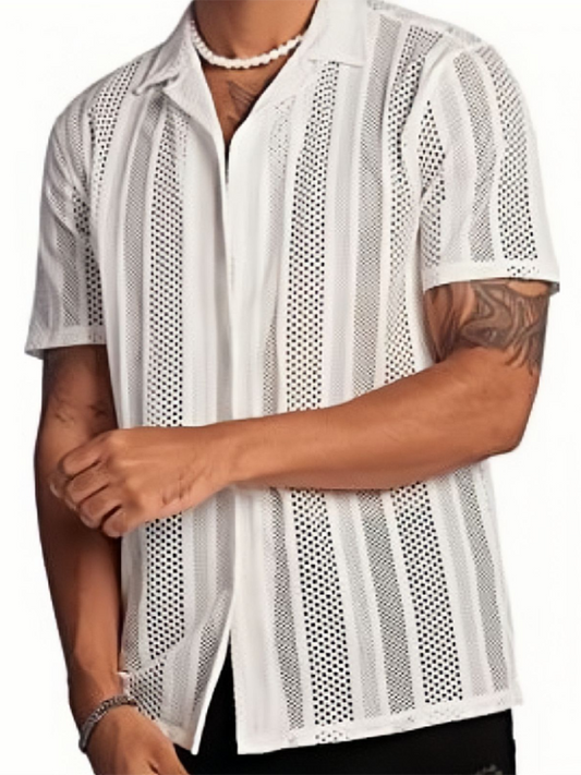 Men Tops- Summer Look Hollow Knitting Button-Up Shirt for Men- White- Chuzko Women Clothing