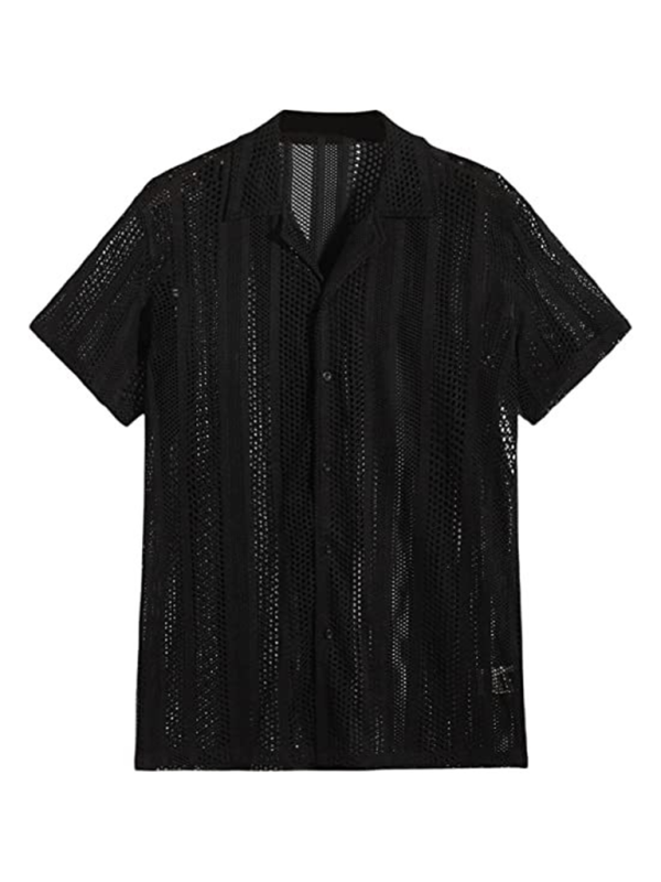 Men Tops- Summer Look Hollow Knitting Button-Up Shirt for Men- - Chuzko Women Clothing
