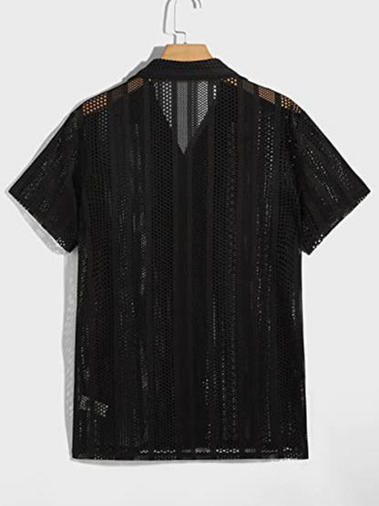Men Tops- Summer Look Hollow Knitting Button-Up Shirt for Men- Black- Chuzko Women Clothing