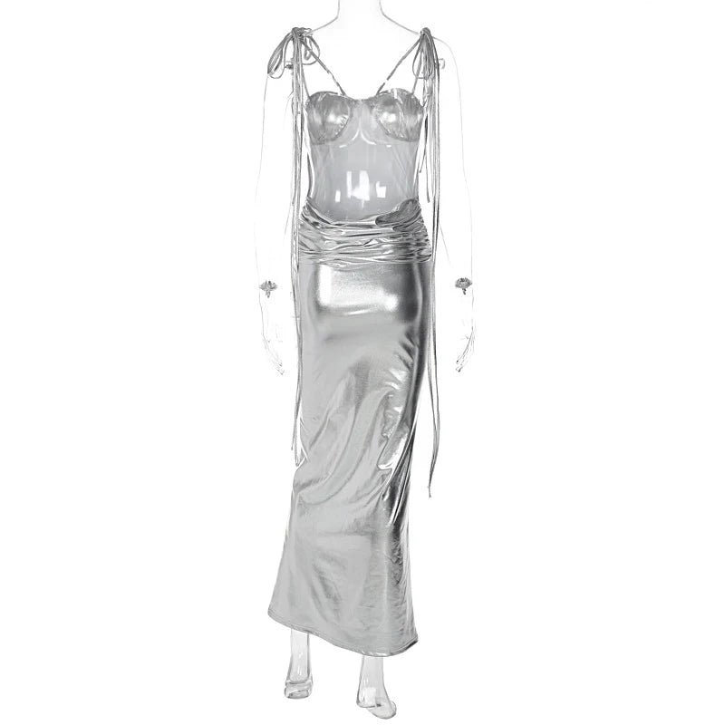 Elegant Glossy Mermaid Deep Backless Bustier Maxi Dress