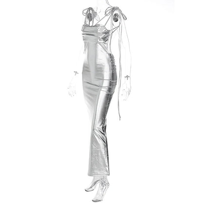 Elegant Glossy Mermaid Deep Backless Bustier Maxi Dress