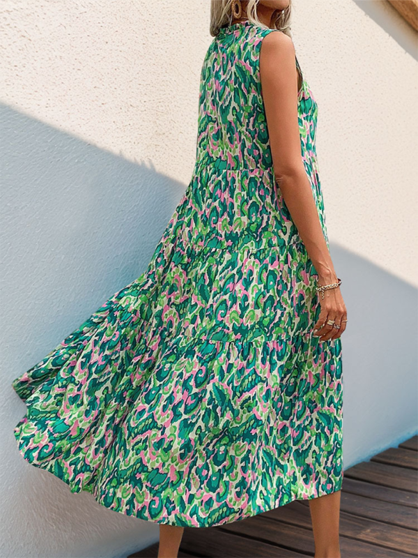 Midi Dresses- Blue-Green Abstract Print A-Line Midi Dress for Summer Festivals- - Chuzko Women Clothing