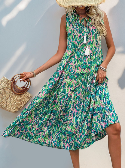 Midi Dresses- Blue-Green Abstract Print A-Line Midi Dress for Summer Festivals- - Chuzko Women Clothing