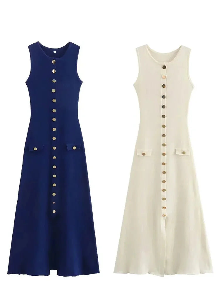 Midi Dresses- Elegant Day-to-Night Sleeveless Button-Front Dress in Knit- - Chuzko Women Clothing