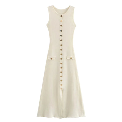 Midi Dresses- Elegant Day-to-Night Sleeveless Button-Front Dress in Knit- Beige- Chuzko Women Clothing