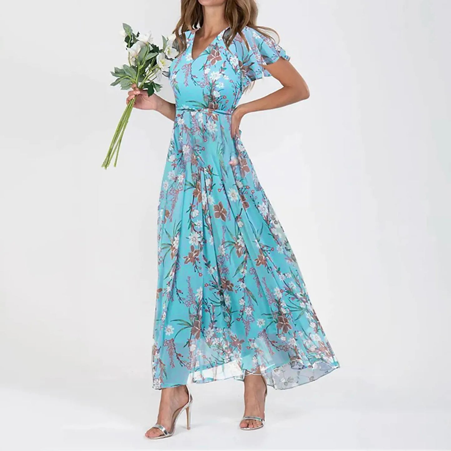 Midi Dresses- Floral Midi Dress for Spring Weddings & Garden Parties!- Sky Blue- Chuzko Women Clothing