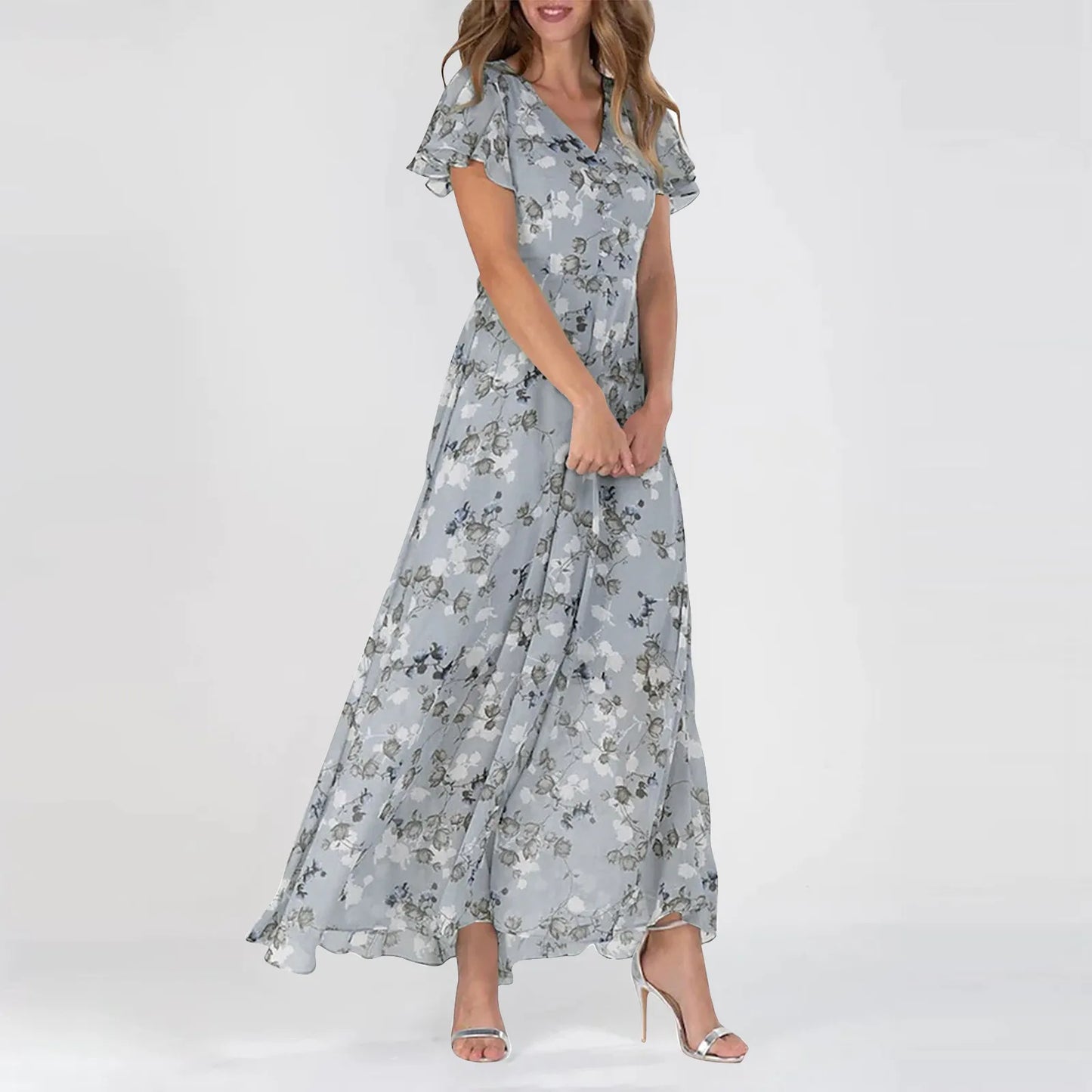 Midi Dresses- Floral Midi Dress for Spring Weddings & Garden Parties!- Light Blue- Chuzko Women Clothing