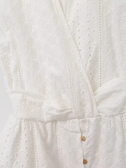 Midi Dresses- Garden Collared Eyelet Embroidered Summer Tea Dress- - Chuzko Women Clothing
