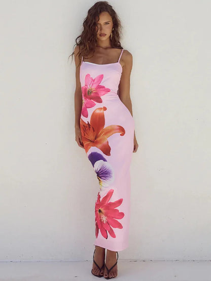 Midi Dresses- Garden Party Floral Print Midi Dress- Pink- Chuzko Women Clothing