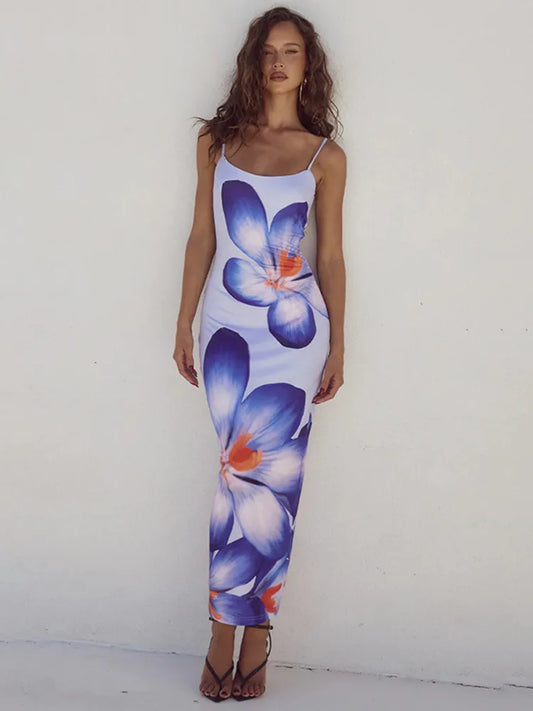 Midi Dresses- Garden Party Floral Print Midi Dress- Blue- Chuzko Women Clothing