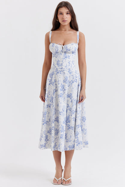 Midi Dresses- Garden Party Solid Sweetheart Cami Midi Dress for a Flawless Look- Blue flower on white- Chuzko Women Clothing