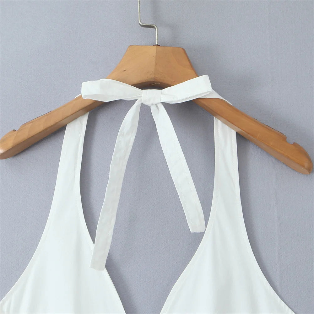 Midi Dresses- Garden Wedding Season White Halter Dress- - Chuzko Women Clothing