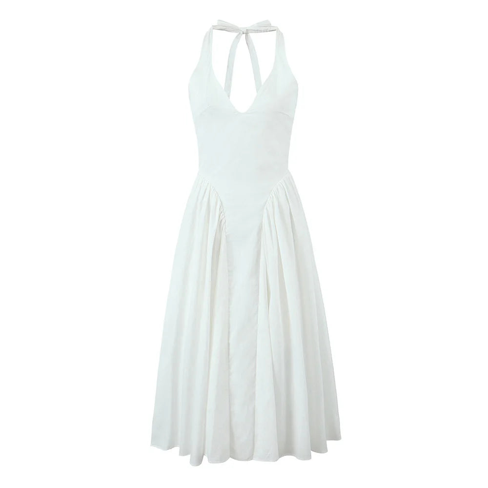 Midi Dresses- Garden Wedding Season White Halter Dress- White- Chuzko Women Clothing