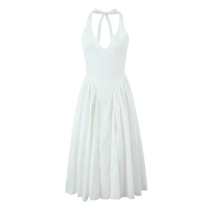 Midi Dresses- Garden Wedding Season White Halter Dress- White- Chuzko Women Clothing