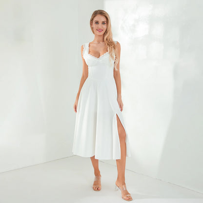 Midi Dresses- Lace-Up Solid A-Line Bustier Tea Dress with Slit Side- WHITE- Chuzko Women Clothing