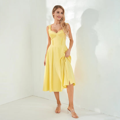 Midi Dresses- Lace-Up Solid A-Line Bustier Tea Dress with Slit Side- Yellow- Chuzko Women Clothing