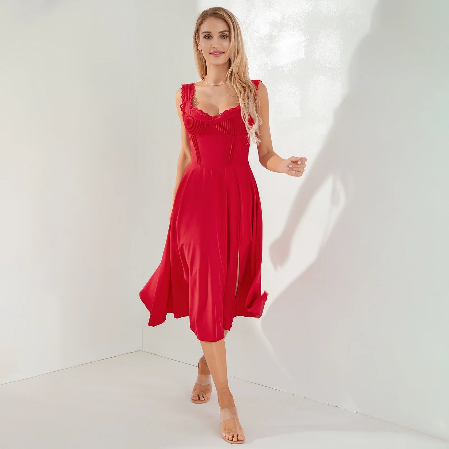 Midi Dresses- Lace-Up Solid A-Line Bustier Tea Dress with Slit Side- Red- Chuzko Women Clothing