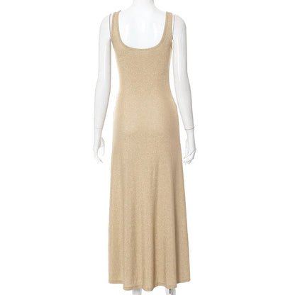 Midi Dresses- Sleeveless Scoop Neck Sparkle Dress- Chuzko Women Clothing