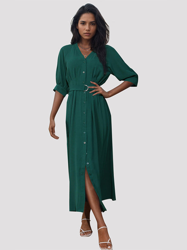Midi Dresses- Solid V-Neck Belted Midi Dress with Button-Up Closure & Bishop Sleeves- - Chuzko Women Clothing
