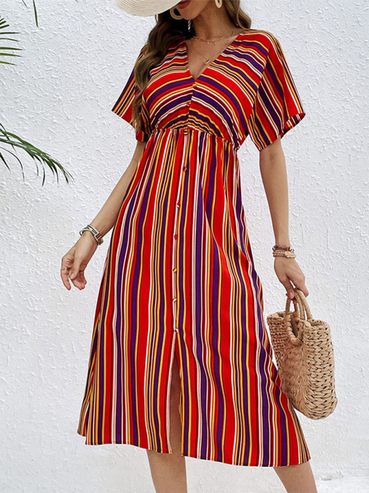 Midi Dresses- Sunny Vibrant Striped Midi Dress with Cinched Waist & V-Open Back- Red- Chuzko Women Clothing