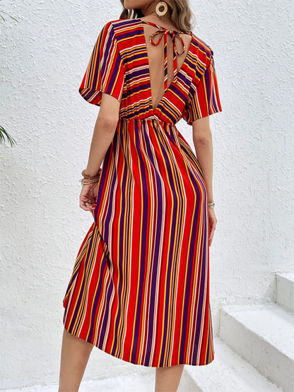 Midi Dresses- Sunny Vibrant Striped Midi Dress with Cinched Waist & V-Open Back- - Chuzko Women Clothing
