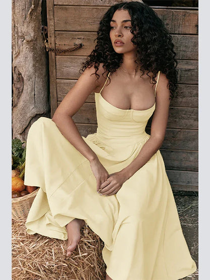 Midi Dresses- Sweetheart Fit & Flare Dress for Summer Celebrations & Holidays- Yellow- Chuzko Women Clothing