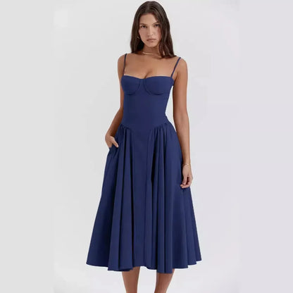 Midi Dresses- Sweetheart Fit & Flare Dress for Summer Celebrations & Holidays- Navy Blue- Chuzko Women Clothing