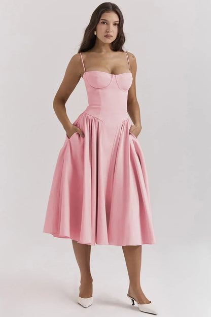 Midi Dresses- Sweetheart Fit & Flare Dress for Summer Celebrations & Holidays- Pink- Chuzko Women Clothing
