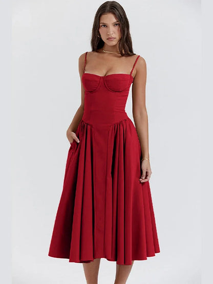 Midi Dresses- Sweetheart Fit & Flare Dress for Summer Celebrations & Holidays- Red- Chuzko Women Clothing