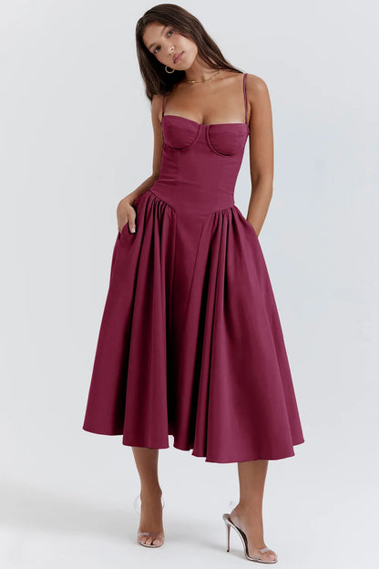 Midi Dresses- Sweetheart Fit & Flare Dress for Summer Celebrations & Holidays- Plum Red- Chuzko Women Clothing