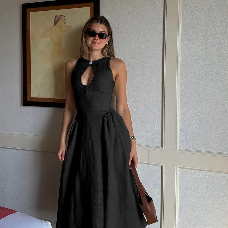 Midi Dresses- Tailored Keyhole Neck Fit & Flare Dress- Black- Chuzko Women Clothing
