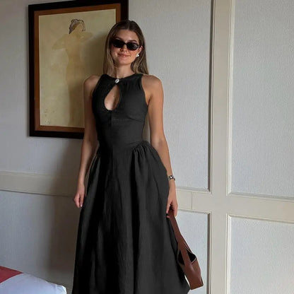 Midi Dresses- Tailored Keyhole Neck Fit & Flare Dress- - Chuzko Women Clothing
