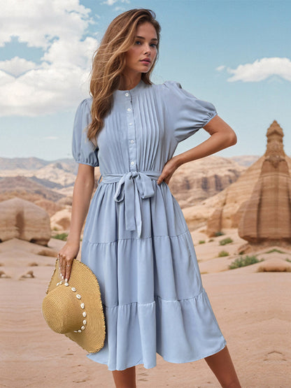 Tiered Belted A-Line Midi Dress with Short Puff Sleeves for Women