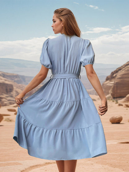 Tiered Belted A-Line Midi Dress with Short Puff Sleeves for Women