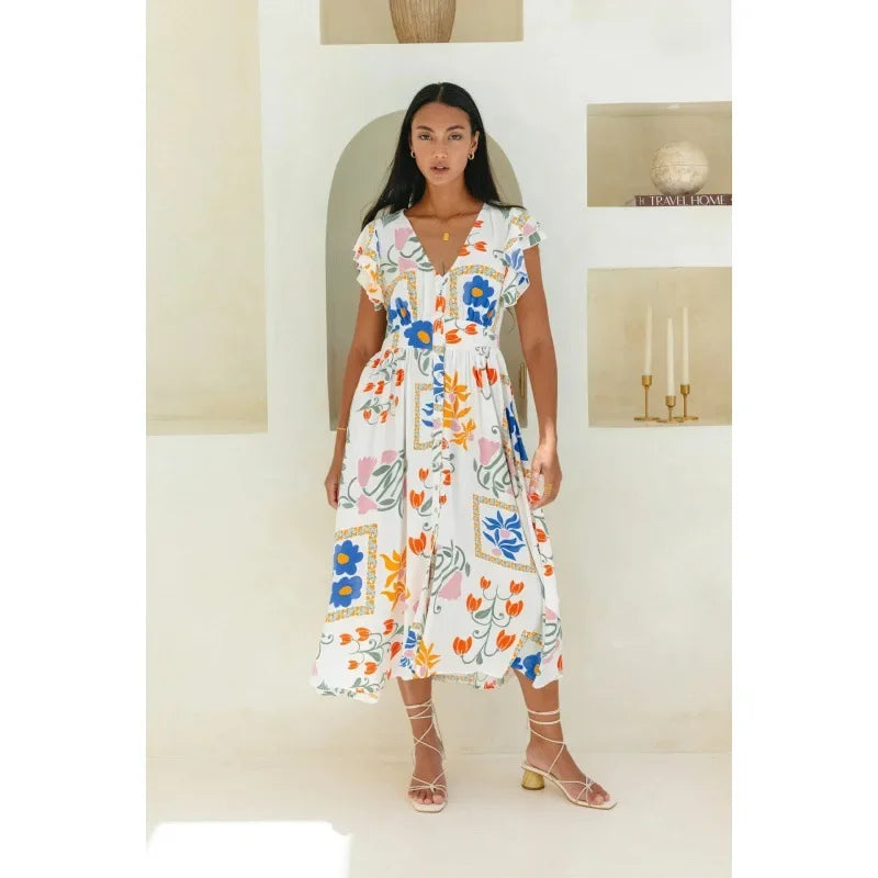 Midi Dresses- Vibrant Bohemian Floral Button-Up Midi Dress for City Days- M L XL S- Chuzko Women Clothing