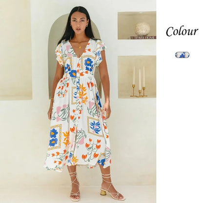 Midi Dresses- Vibrant Bohemian Floral Button-Up Midi Dress for City Days- - Chuzko Women Clothing