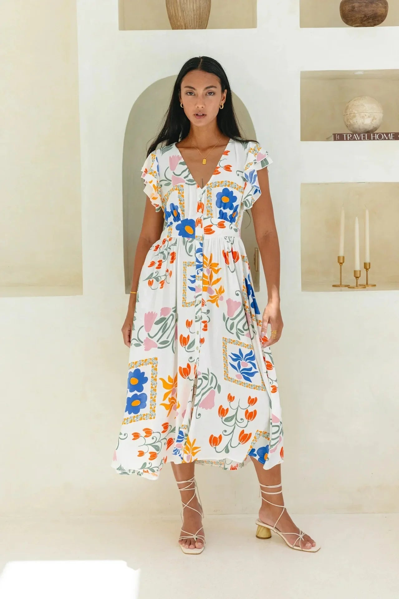 Midi Dresses- Vibrant Bohemian Floral Button-Up Midi Dress for City Days- - Chuzko Women Clothing