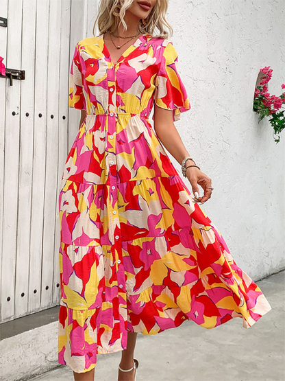 Midi Dresses- Vivid Floral Midi Dress – Perfect for Any Summer Event!- - Chuzko Women Clothing