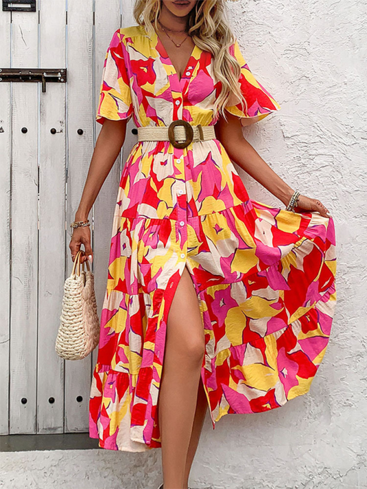 Midi Dresses- Vivid Floral Midi Dress – Perfect for Any Summer Event!- Rose- Chuzko Women Clothing