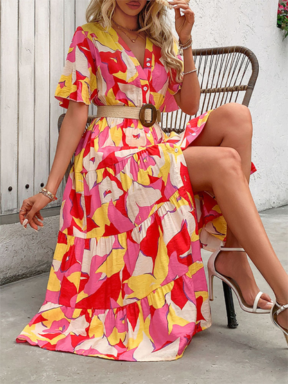 Midi Dresses- Vivid Floral Midi Dress – Perfect for Any Summer Event!- - Chuzko Women Clothing