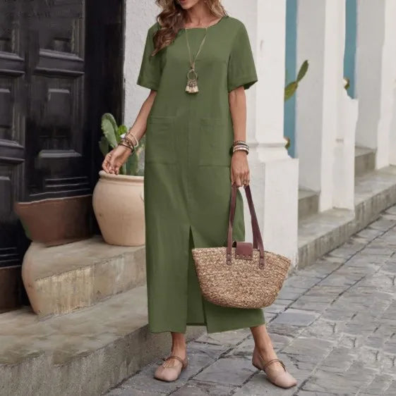 Midi Dresses- Women's Loose Fit Midi Dress for BBQs & Summer Outings- army green- Chuzko Women Clothing