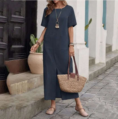 Midi Dresses- Women's Loose Fit Midi Dress for BBQs & Summer Outings- dark blue- Chuzko Women Clothing